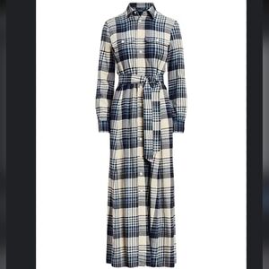 Polo Ralph Lauren Plaid Cotton Twill Shirtdress Maxi Dress 0 Blue White